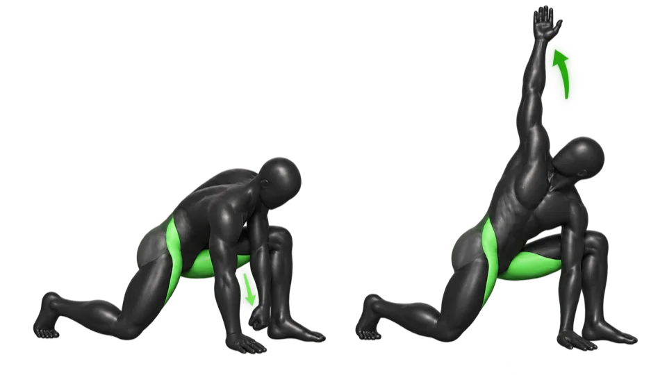 Lunge with a torso rotation, one arm reaching up