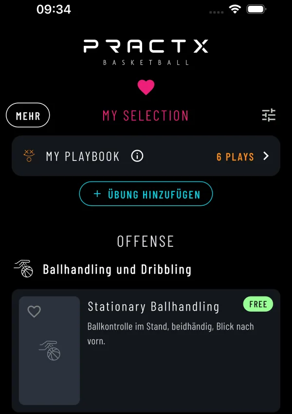 My Playbook in der PRACTX-App mit sechs gespeicherten Basketball-Spielzügen