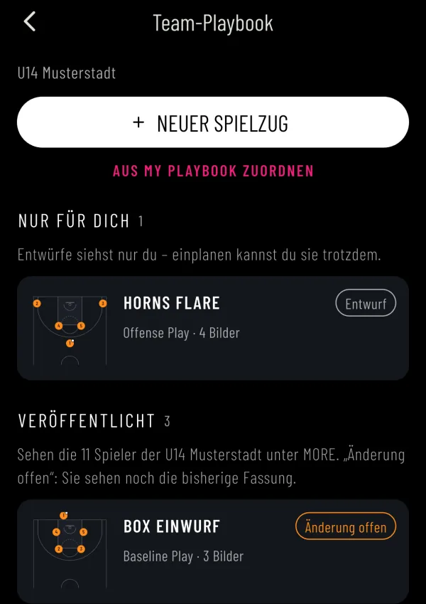Team-Playbook einer U14 in der PRACTX-App mit Entwürfen und veröffentlichten Spielzügen