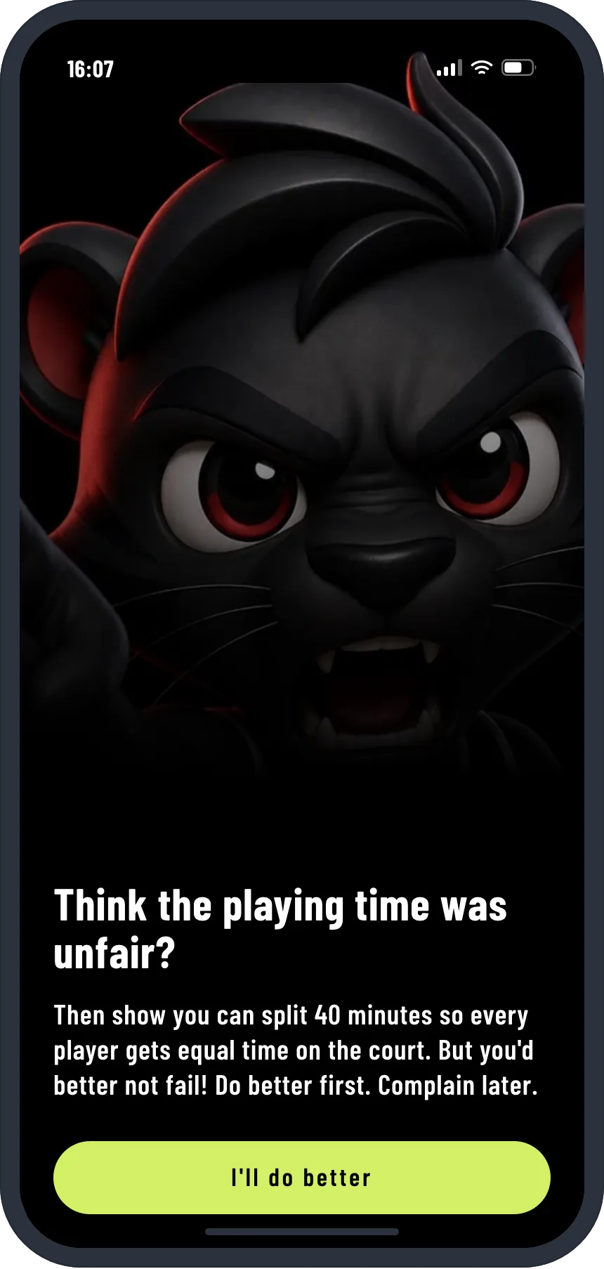 Rotation Hero on a phone: the game's start screen with the panther, the question “Think the playing time was unfair?” and the button “I'll do better”.