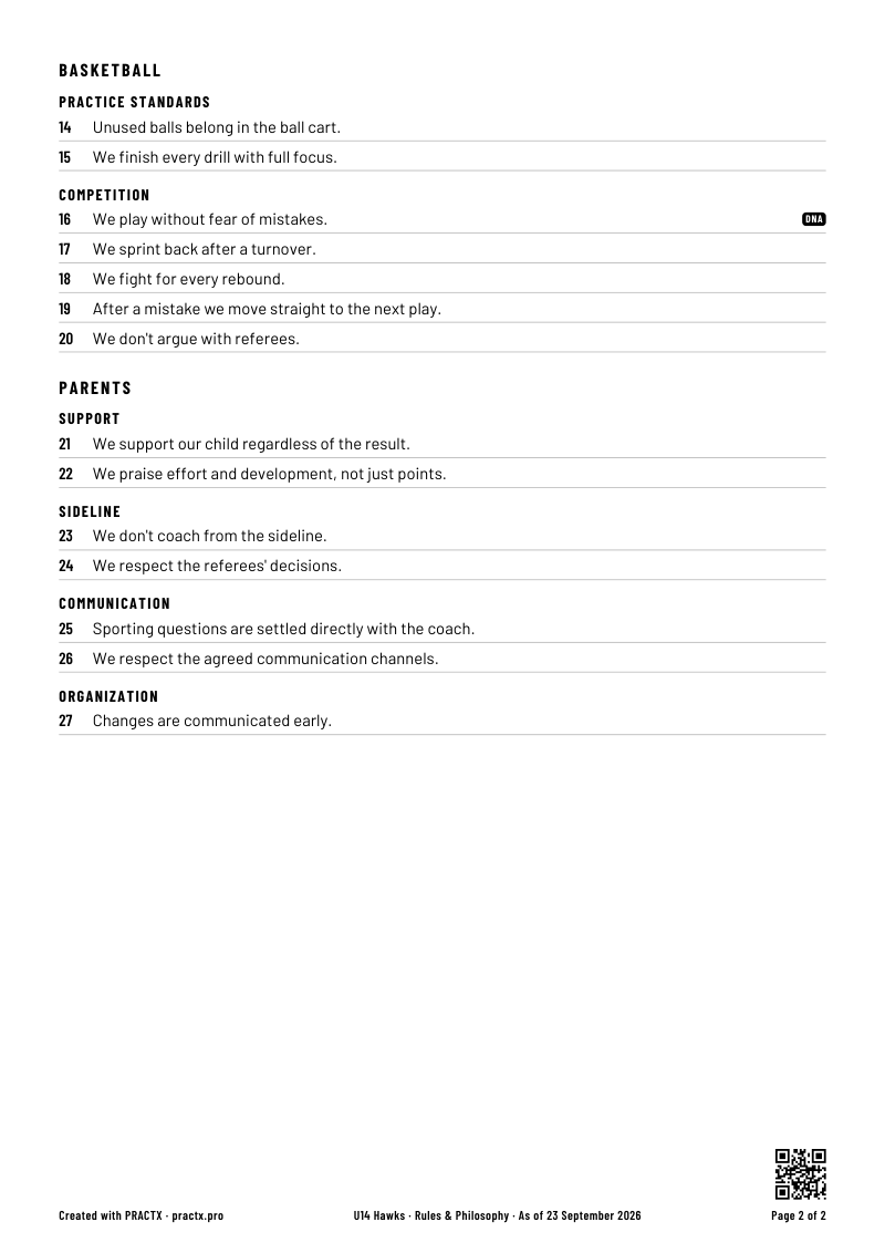 Sample PDF: rulebook of the U14 Hawks, page 2
