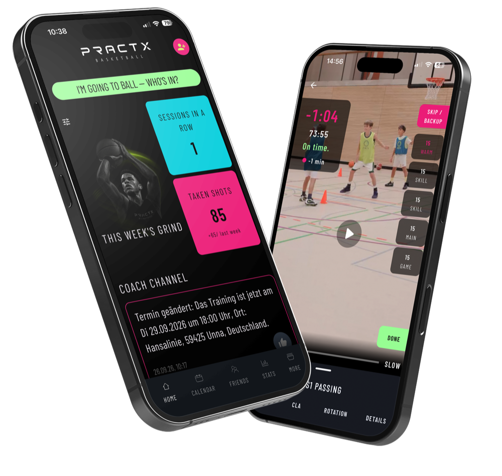 Two phones showing the PRACTX basketball app