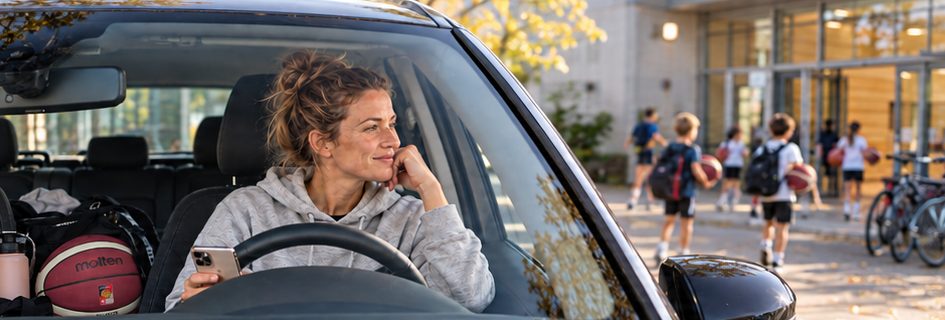Parent waiting in the car outside the gym while kids head in with their basketballs (AI-generated image)